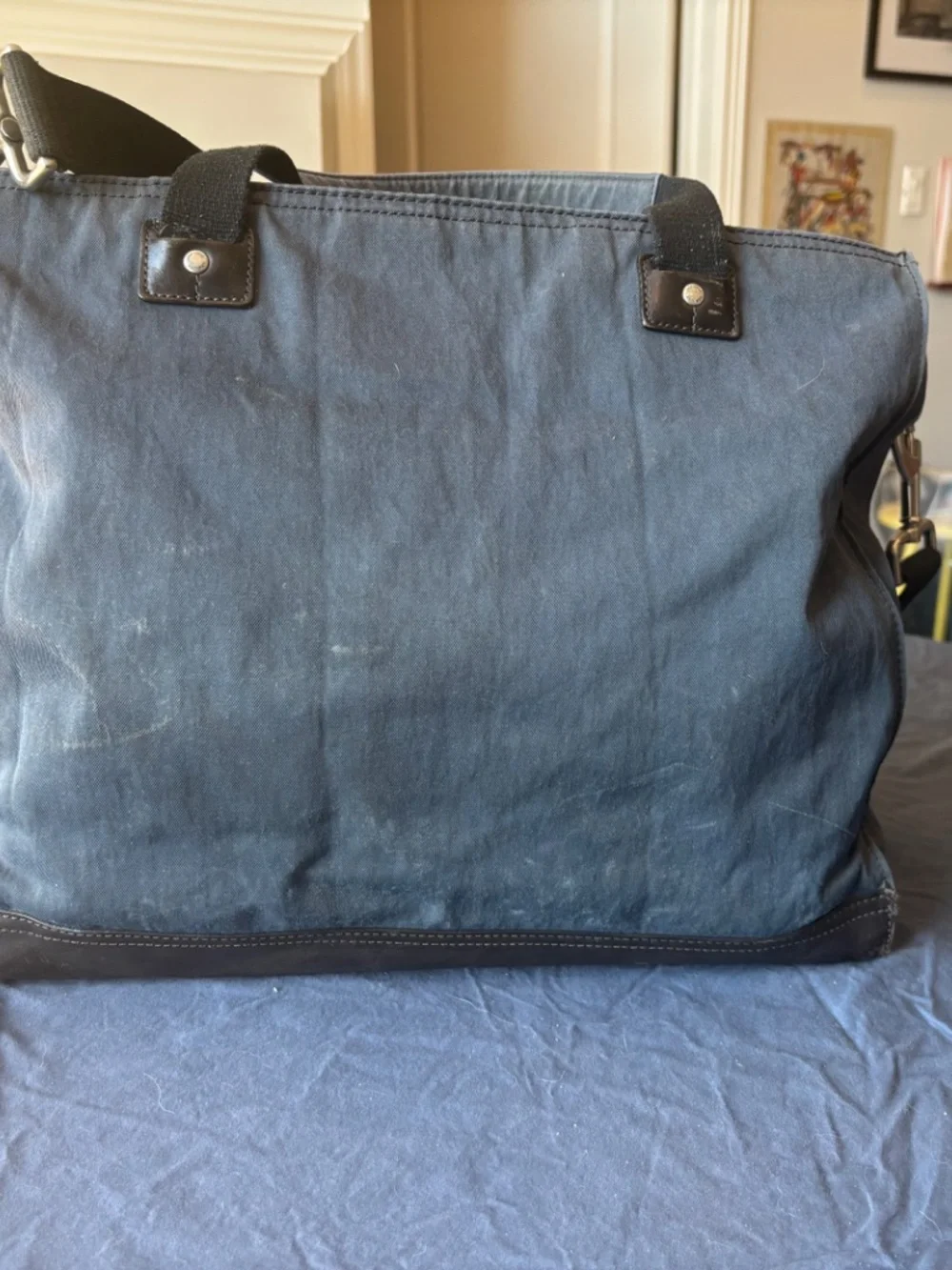 Jack Spade Warren Street Large Messenger Bag.  Light Navy, brown leather trim